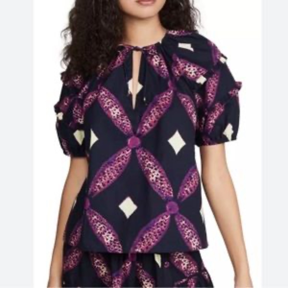 Ulla Johnson Arusi Top Plum Purple Womens Size 2 Short Sleeve Boho Diamond Print